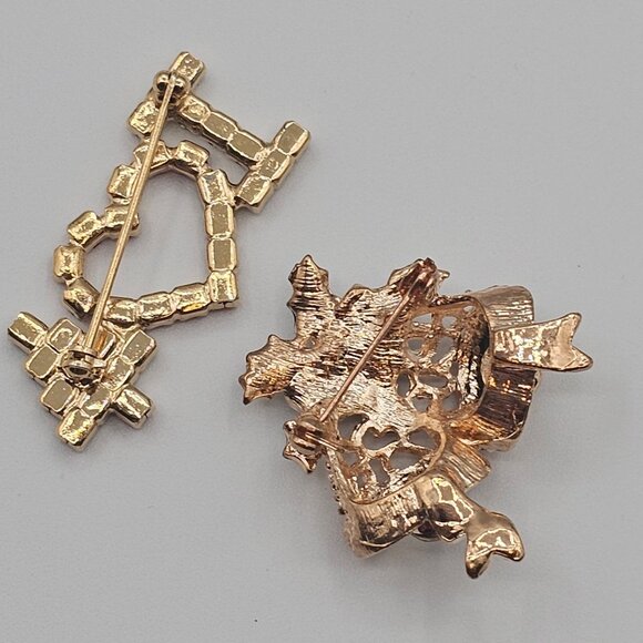 VTG 2PC Christmas Holiday Brooches Gold Silver Tone Colored Rhinestone Festive - Picture 9 of 14